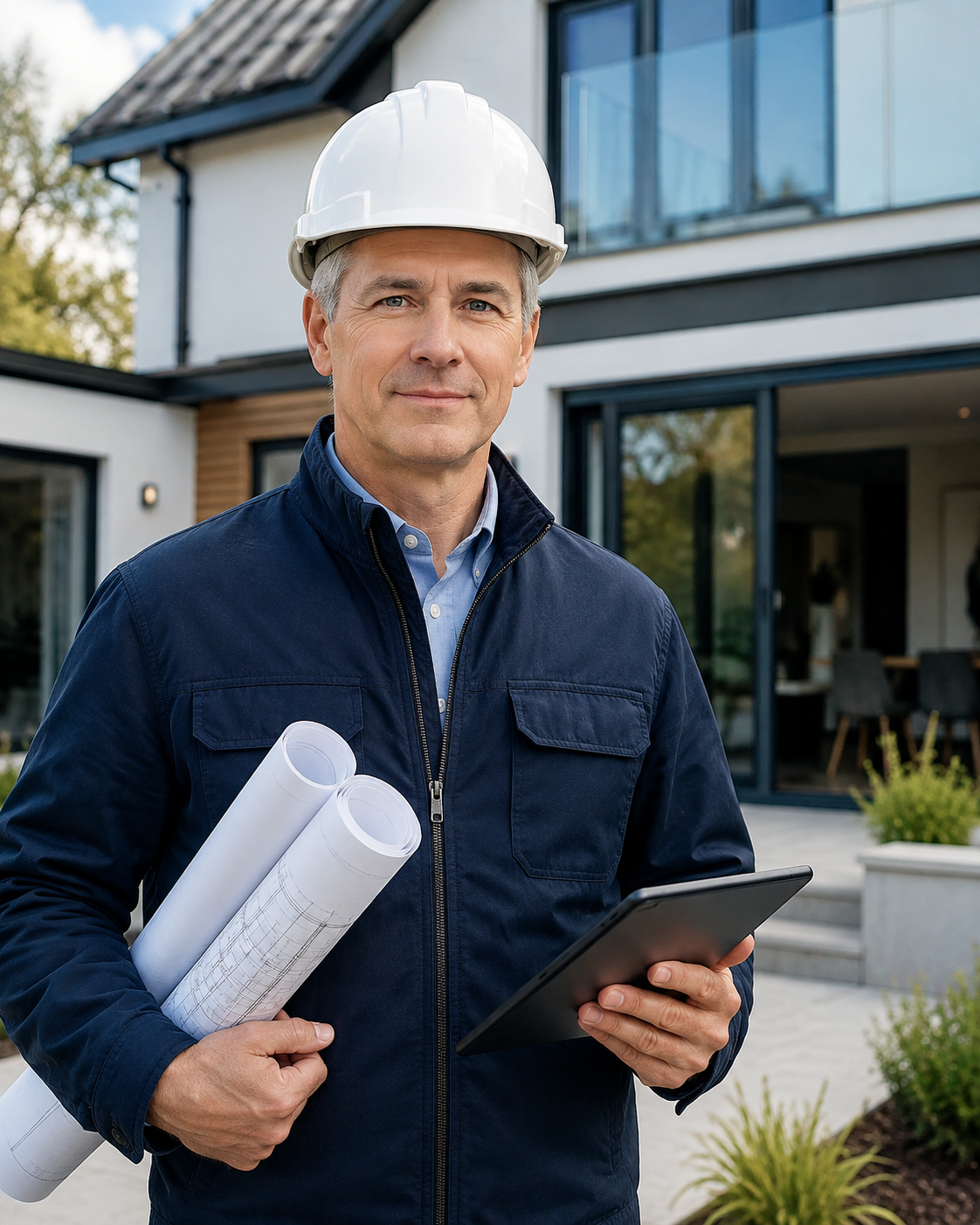 Professional renovation expert reviewing plans outside a renovated home